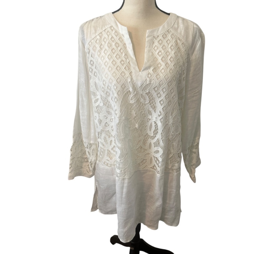 Chico's Tunic Top White Lace Overlay 3/4 Sleeve Linen Size 2 (12)
